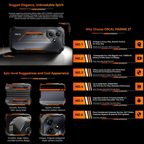  Blackview Oscal Marine 2, 8 Go + 256 Go, écran 6,56 pouces, Android 15, processeur Unisoc UMS9230E T615 Octa Core, réseau : 4G, OTG, NFC (Orange) SB933E1049-033